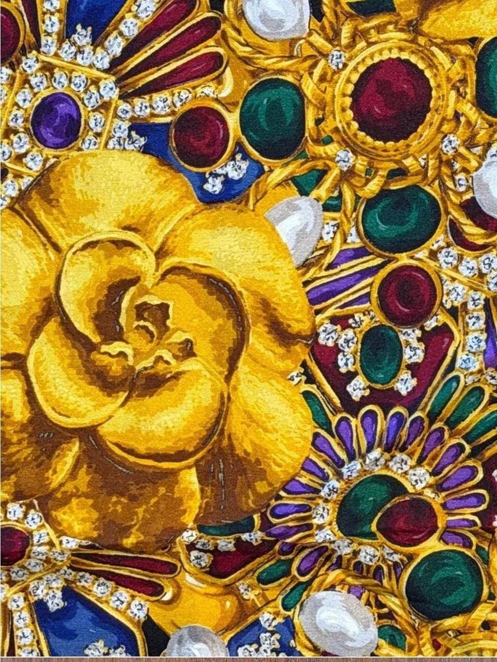 CHANEL Black Silk Scarf with Gold Floral and Multicolor Gripoix Jewel Motif